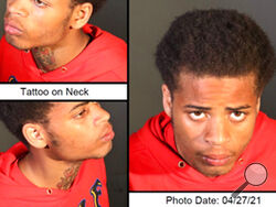 FILE - This April 27, 2021, photo combination released by the U.S. Marshals Service shows James Howard Jackson. Jackson, a suspect mistakenly released from a Los Angeles County jail where he was being held on suspicion of shooting Lady Gaga’s dog walker and stealing her French bulldogs, has been recaptured, authorities said Wednesday, Aug. 3, 2022. (U.S. Marshals Service via AP, File)
