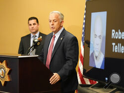 Clark County Sheriff Joe Lombardo speaks at a news conference on the arrest of Clark County Public Administrator Robert "Rob" Telles, Thursday, Sept. 8, 2022, in Las Vegas. Telles was arrested Wednesday in the fatal stabbing of Las Vegas Review-Journal reporter Jeff German, whose investigations of the official's work preceded his primary loss in June. (AP Photo/John Locher)