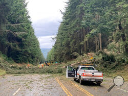 In this photo provided by Caltrans District 1, crews work at removing multiple fallen trees blocking U.S. Highway 101 in Humboldt County near Trinidad, Calif., Wednesday, Jan. 4, 2023. A major winter storm approached California on Wednesday causing crews to rush to clear storm drains in preparation for flooding and strong winds, as parts of the Midwest dealt with snow, ice or tornadoes, and the South recovered from strong overnight storms. (Caltrans District 1 via AP)