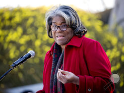 United States Ambassador to the United Nations Linda Thomas-Greenfield speaks during a wreath-laying ceremony at the Martin Luther King Jr. Memorial on Martin Luther King Jr. Day in Washington, Monday, Jan. 16, 2023. (AP Photo/Andrew Harnik)