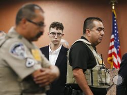 FILE - El Paso Walmart shooting suspect Patrick Crusius pleads not guilty during his arraignment on Oct. 10, 2019, in El Paso, Texas. Federal prosecutors disclosed Tuesday, Jan. 17, 2023, that they will not seek the death penalty for Crusius, who is accused of fatally shooting nearly two dozen people in a racist attack at a West Texas Walmart in 2019. (Briana Sanchez / El Paso Times via AP, Pool, File)