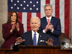 President Joe Biden delivers the State of the Union address to a joint session of Congress at the U.S. Capitol, Tuesday, Feb. 7, 2023, in Washington, as Vice President Kamala Harris and House Speaker Kevin McCarthy of Calif., applaud. (AP Photo/Jacquelyn Martin, Pool)