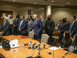 The former Memphis police officers accused of murder in the death of Tyre Nichols appear with their attorneys at an indictment hearing at the Shelby County Criminal Justice Center Friday, Feb. 17, 2023, in Memphis, Tenn. The former police officers pleaded not guilty Friday to second-degree murder and other charges in the violent arrest and death of Nichols, (AP Photo/Brandon Dill)