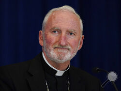 FILE - Bishop David O'Connell, of the Archdiocese of Los Angeles, attends a news conference at the Fall General Assembly meeting of the United States Conference of Catholic Bishops, on Nov. 17, 2021, in Baltimore. O'Connell was found dead in Hacienda Heights, Calif., on Saturday, Feb. 18, 2023, of a gunshot wound, according to the Los Angeles Times. (AP Photo/Julio Cortez, File)