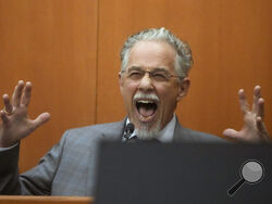 Terry Sanderson testifies in court, Monday, March 27, 2023, in Park City, Utah. The man suing Gwyneth Paltrow over a 2016 skiing collision at one of the most upscale resorts in North America took the stand, saying he was rammed into from behind and sent “absolutely flying.” (AP Photo/Rick Bowmer, Pool)