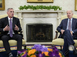 House Speaker Kevin McCarthy of Calif., speaks as he meets with President Joe Biden to discuss the debt limit in the Oval Office of the White House, Monday, May 22, 2023, in Washington. (AP Photo/Alex Brandon)