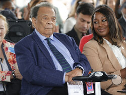 Andrew Young, former UN Ambassador, center, attends a ceremony honoring former President Jimmy Carter and Jimmy Carter Blvd. on Tuesday, May 23, 2023, in Norcross, Ga. (AP Photo/Alex Slitz)