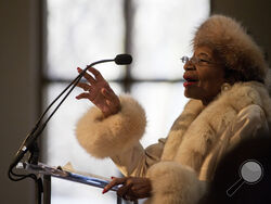 FILE - Christine King Farris, sister of the Rev. Martin Luther King Jr. speaks at the King holiday commemorative service at Ebenezer Baptist Church, the church where King preached, Jan. 19, 2015, in Atlanta. Farris, the last living sibling of Martin Luther King Jr., has died Thursday, June 29, 2023, according to her niece, the Rev. Bernice King. (AP Photo/David Goldman, File)