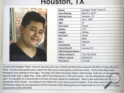 A missing poster for Rudolph "Rudy" Farias IV is shown during the Missing Person Day event at City Hall Sunday, Jan. 31, 2016, in Houston. Farias, who went missing as a teenager in 2015 after last being seen walking his dogs in Houston has been found alive, his family and police said Monday, July 3, 2023. (TexasEquuSearch/Courtesy of Houston Chronicle via AP)