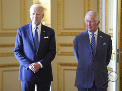 U.S. President Joe Biden, left, and Britain's King Charles III meet inside Windsor Castle, England, Monday July 10, 2023. (Chris Jackson/Pool via AP)
