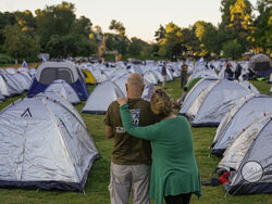 Marchers who completed the last leg of a four-day, 70 kilometer (45-mile) trek from Tel Aviv camp outside Israel's parliament, the Knesset, in Jerusalem, Sunday, July 23, 2023. The protest, against Prime Minister Benjamin Netanyahu's plan to overhaul to country's judiciary, came ahead of a critical vote on the legal changes. (AP Photo/Ohad Zwigenberg)