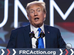 FILE - Former President Donald Trump speaks during the Pray Vote Stand Summit, Friday, Sept. 15, 2023, in Washington. Trump repeatedly declined in an interview aired Sunday, Sept. 17, 2023, to answer questions about whether he watched the Capitol riot unfold on television, saying he would “tell people later at an appropriate time.” (AP Photo/Jose Luis Magana, File)
