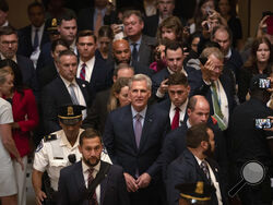 Rep. Kevin McCarthy, R-Calif., leaves the House floor after being ousted as Speaker of the House at the Capitol in Washington, Tuesday, Oct. 3, 2023. (AP Photo/Mark Schiefelbein)