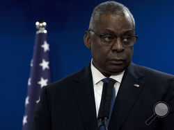 U.S. Secretary of Defense Lloyd Austin makes a joint statement with Israel Minister of Defense Yoav Gallant, after their meeting about Israel's military operation in Gaza, in Tel Aviv, Israel, Monday, Dec. 18, 2023. (AP photo/ Maya Alleruzzo)