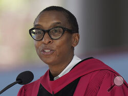 FILE - Then-Edgerley Family Dean of Harvard's Faculty of Arts and Sciences Claudine Gay addresses an audience during commencement ceremonies, May 25, 2023, on the school's campus in Cambridge, Mass. Gay, Harvard University's president, resigned Tuesday, Jan. 2, 2024, amid plagiarism accusations and criticism over testimony at a congressional hearing where she was unable to say unequivocally that calls on campus for the genocide of Jews would violate the school’s conduct policy. (AP Photo/Steven Senne, File)