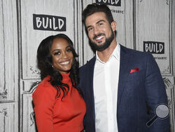 FILE - Television personalities Rachel Lindsay, left, and her husband Bryan Abasolo participate in the BUILD Speaker Series to discuss the television series "The Bachelorette" at BUILD Studio, Sept. 30, 2019, in New York. Court records in Los Angeles Superior Court show that Lindsay's husband Abasolo filed to end their marriage on Tuesday, Jan 2, 2024. (Photo by Evan Agostini/Invision/AP, File)