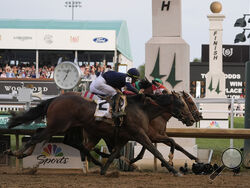 (AP Photo/Kiichiro Sato) Sierra Leone with jockey Tyler Gaffalione (2), Forever Young with jockey Ryusei Sakai and Mystik Dan with jockey Brian Hernandez Jr., cross the finish line at Churchill Downs during the 150th running of the Kentucky Derby horse race Saturday. 