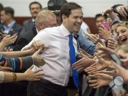 Republican presidential candidate, Sen. Marco Rubio, R-Fla.,delights supporters as he enters a rally at Roanoke College's Bast Center in Salem, Va., Sunday, Feb. 28, 2016. (Don Petersen/Roanoke Times via AP)