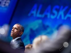 President Barack Obama speaks at the Global Leadership in the Arctic: Cooperation, Innovation, Engagement and Resilience (GLACIER) Conference at Dena’ina Civic and Convention Center in Anchorage, Alaska, Monday, Aug. 31, 2015. (AP Photo/Andrew Harnik)