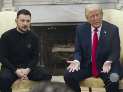 President Donald Trump, right, meets with Ukrainian President Volodymyr Zelenskyy in the Oval Office at the White House, Friday, Feb. 28, 2025, in Washington. (AP Photo/ Mystyslav Chernov)