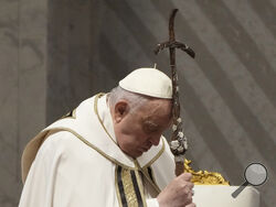 Pope Francis celebrates the Holy Chrism Mass in St. Peter's Basilica at The Vatican, Thursday, March 28, 2024. (AP Photo/Gregorio Borgia)