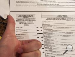 This June 7, 2016, photo provided by Taylor Huckaby, of California, shows Huckaby's election ballot. Ballot selfies, where people use smartphones to photograph and share their marked ballots online, are becoming more common, as voters young and old look to share their views with family, friends and the world. But what they don't realize is they may be breaking the law, depending on where they live. (Taylor Huckaby via AP)