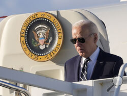 President Joe Biden arrives on Air Force One at Delaware Air National Guard Base in New Castle, Del., Friday, April 12, 2024.(AP Photo/Pablo Martinez Monsivais)