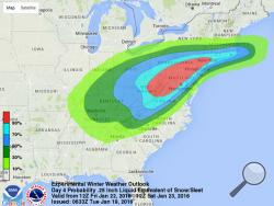 This image provided by National Oceanic and Atmospheric Administration's (NOAA) National Weather Service Weather Prediction Center shows an early computer model forecasting the chances of a windy, strong sleet-snow storm hitting the East Coast this weekend, Jan. 22-23, 2016. Meteorologists say tens of millions of Americans from Washington to Boston and the Ohio Valley could be walloped by an end-of-the-week snowstorm. (National Oceanic and Atmospheric Administration via AP)