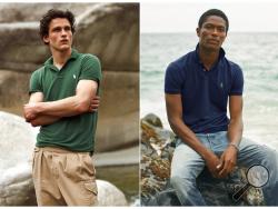 This combination of photos released by Ralph Lauren shows Polo shirts made from recycled plastic bottles. Each shirt is made from an average of 12 bottles collected in Taiwan, where the Polos are made, in partnership with an organization called First Mile. The shirts will be available Thursday for men and women at RalphLauren.com and in stores around the globe. (Ralph Lauren via AP)