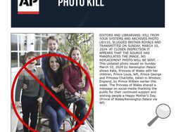 This image shows The Associated Press' retraction, or "Photo Kill," of an image that was manipulated in a way that did not meet AP's photo standards. The undated photo issued on Sunday, March 10, 2024, by Kensington Palace shows Kate, Princess of Wales, with her children, Prince Louis, left, Prince George and Princess Charlotte, taken in Windsor, England, by Prince William. While there was no suggestion the photo was fake, AP retracted it because close study of the image revealed inconsistencies that sugges