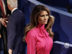 Melania Trump, wife of Donald Trump, arrives before the second presidential debate between Republican presidential nominee Donald Trump and Democratic presidential nominee Hillary Clinton at Washington University in St. Louis, Sunday, Oct. 9, 2016.(AP Photo/Patrick Semansky)