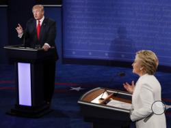 Republican presidential nominee Donald Trump debates with Democratic presidential nominee Hillary Clinton during the third presidential debate at UNLV in Las Vegas, Wednesday, Oct. 19, 2016. (Mark Ralston/Pool via AP)