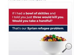 This screenshot shows the tweet posted on Monday, Sept. 19, 2016, by Donald Trump Jr., in which he compares Syrian refugees to a bowl of poisoned Skittles. The post caused a stir and negative tweets on the internet into Tuesday, including a terse response from Skittles parent company, Wrigley Americas. "Skittles are candy. Refugees are people. We don't feel it's an appropriate analogy," Vice President of Corporate Affairs Denise Young said in the statement. (Twitter via AP)