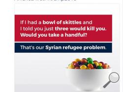 This screenshot shows the tweet posted on Monday, Sept. 19, 2016, by Donald Trump Jr., in which he compares Syrian refugees to a bowl of poisoned Skittles. The post caused a stir and negative tweets on the internet into Tuesday, including a terse response from Skittles parent company, Wrigley Americas. "Skittles are candy. Refugees are people. We don't feel it's an appropriate analogy," Vice President of Corporate Affairs Denise Young said in the statement. (Twitter via AP)