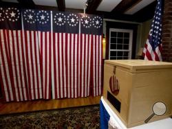 A ballot box is set Monday Nov. 7, 2016, for residents in Dixville Notch, N.H., to vote at midnight. (AP Photo/Jim Cole)
