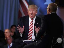 Republican presidential candidate Donald Trump speaks with 'Today' show co-anchor Matt Lauer at the NBC Commander-In-Chief Forum held at the Intrepid Sea, Air and Space museum aboard the decommissioned aircraft carrier Intrepid, New York, Wednesday, Sept. 7, 2016. (AP Photo/Evan Vucci)