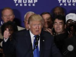 Republican presidential candidate Donald Trump, speak and states that "President Barack Obama was born in the United States" during a gathering with military leaders and veterans at the new Trump International Hotel in Washington, Friday, Sept. 16, 2016. (AP Photo/Manuel Balce Ceneta)