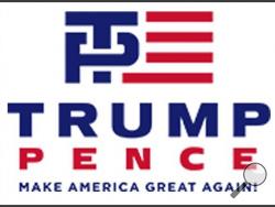 This image released Friday, July 15, 2016, by the Donald J. Trump for President campaign shows the new campaign logo for presumptive Republican presidential nominee Donald Trump and his running mate Indiana Gov. Mike Pence. It features an interlaced blue "T" and "P" next to red stripes that evoke the American flag. (Donald J. Trump for President via AP)