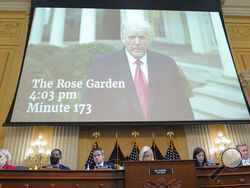 FILE - A video of President Donald Trump recording a statement in the Rose Garden of the White House on Jan. 6 is played as the House select committee investigating the Jan. 6 attack on the U.S. Capitol holds a hearing at the Capitol in Washington, July 21, 2022. The House Jan. 6 committee plans to unveil "surprising" details at its next public hearing about the 2021 attack at the U.S. Capitol. (AP Photo/Patrick Semansky, File)