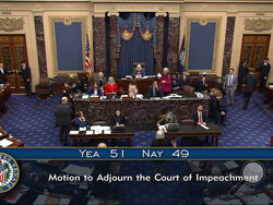 In this image from video from Senate Television, Sen. Patty Murray, D-Wash., presiding over the Senate acting as a court of impeachment, announces the results of the vote to adjourn the court of impeachment, at the impeachment trial of Homeland Security Secretary Alejandro Mayorkas on the Senate floor at the U.S. Capitol, Wednesday, April 17, 2024, in Washington. (Senate Television via AP)