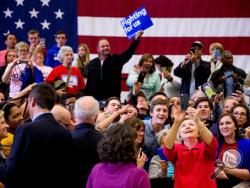 Democratic presidential candidate Hillary Clinton takes a group selfie after speaking at a get out the vote event at Transylvania University in Lexington, Ky., Monday, May 16, 2016. (AP Photo/Andrew Harnik)