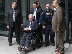 Former House Speaker Dennis Hastert departs the federal courthouse Wednesday, April 27, 2016, in Chicago, after his sentencing on federal banking charges which he pled guilty to last year. Hastert was sentenced to more than a year in prison in the hush-money case that included accusations he sexually abused teenagers while coaching high school wrestling. (AP Photo/Charles Rex Arbogast)
