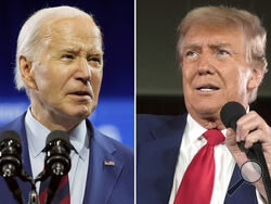 In this combination photo, President Joe Biden speaks May 2, 2024, in Wilmington, N.C., left, and Republican presidential candidate former President Donald Trump speaks at a campaign rally, May 1, 2024, in Waukesha, Wis. Just six months before Election Day, Biden and Trump are locked into the first presidential rematch in 68 years that is at once deeply entrenched and highly in flux as many voters are only just beginning to embrace the reality of the 2024 presidential election. (AP Photo)