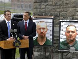 New York Governor Andrew Cuomo, left, speaks while Vermont Governor Peter Shumlin listens during a news conference in front of the Clinton Correctional Facility in Dannemora, N.Y., Wednesday, June 10, 2015. (AP Photo/Seth Wenig)