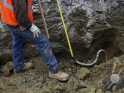 mbers of Eagle Excavation Inc., Goyette Mechanical Co., and Mechanical Contractors Johnson & Wood work together to dig a hole to expose, remove and replace a lead main service line in Flint, Mich. (Rachel Woolf/The Flint Journal-MLive.com via AP) 