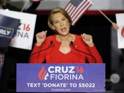 Former Hewlett-Packard CEO Carly Fiorina speaks during a rally for Republican presidential candidate Sen. Ted Cruz, R-Texas, in Indianapolis, Wednesday, April 27, 2016. Cruz chose Fiorina as his running mate. (AP Photo/Michael Conroy)