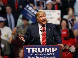 In this photo taken Feb. 11, 2016, Republican presidential candidate Donald Trump speaks at a campaign rally in Baton Rouge, La. Trump has been chief cusser in a profanity-laced campaign for the Republican nomination that has seen multiple candidates hurl insults and disparaging remarks at one another and their critics. (AP Photo/Gerald Herbert)