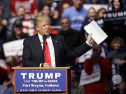 Republican presidential candidate Donald Trump speaks during a campaign stop at the Allen County War Memorial Coliseum, Sunday, May 1, 2016, in Fort Wayne, Ind. (AP Photo/Darron Cummings)