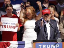 Republican presidential candidate Donald Trump speaks at a rally Saturday, May 7, 2016, in Lynden, Wash. (AP Photo/Elaine Thompson)