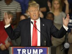 Republican presidential candidate Donald Trump speaks to a crowd of supporters during a campaign rally Monday, Nov. 9, 2015, in Springfield, Ill. (AP Photo/Seth Perlman)